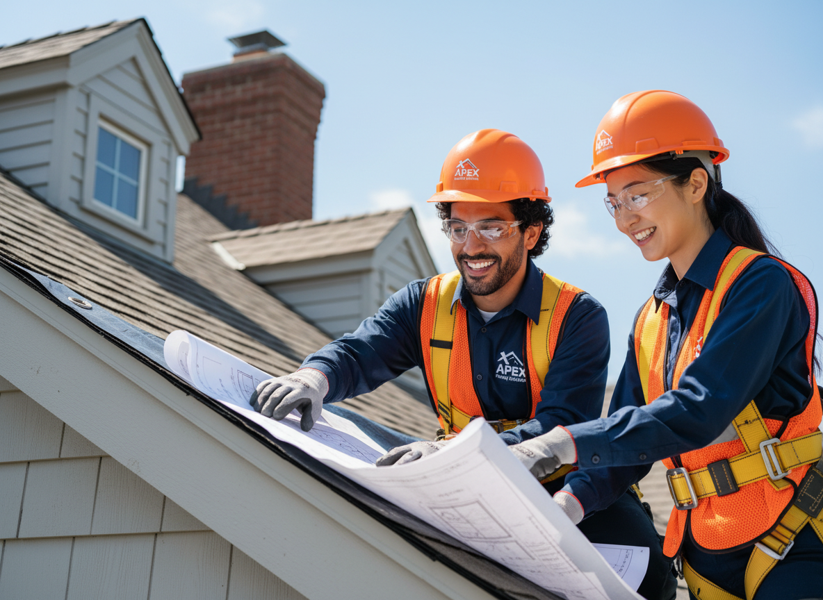 Two friendly roofers discussing plans on a roof