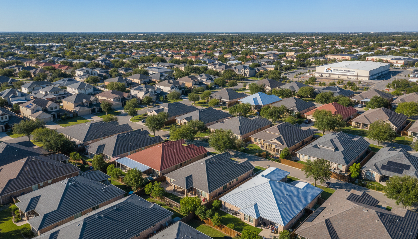 Panoramic view of residential rooftops
