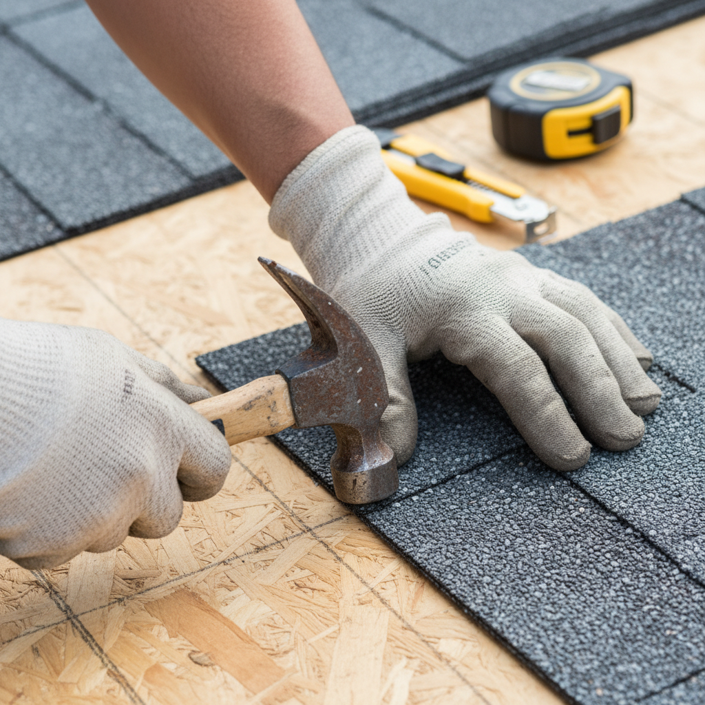 Roofer installing new shingles