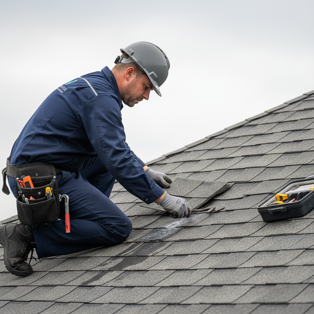 Roofer inspecting a damaged roof area